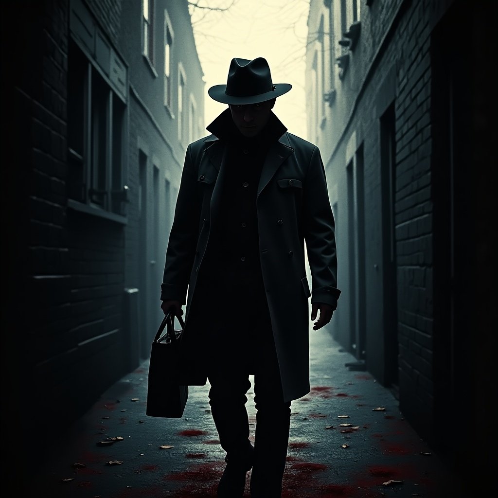 Design a poster for a thriller movie titled 'The Silent Shadows.' The image should feature a dark alley in an eerie town. The main subject is a silhouetted detective wearing a fedora and a long coat, walking ominously with a briefcase. The background should have fog and shadows, creating a tense and mysterious atmosphere. Red leaves spill on the ground, hinting at danger. The title 'The Silent Shadows' should be prominently displayed at the bottom in bold font. Overall, the mood should evoke suspense and intrigue, capturing the theme of investigation and mystery.