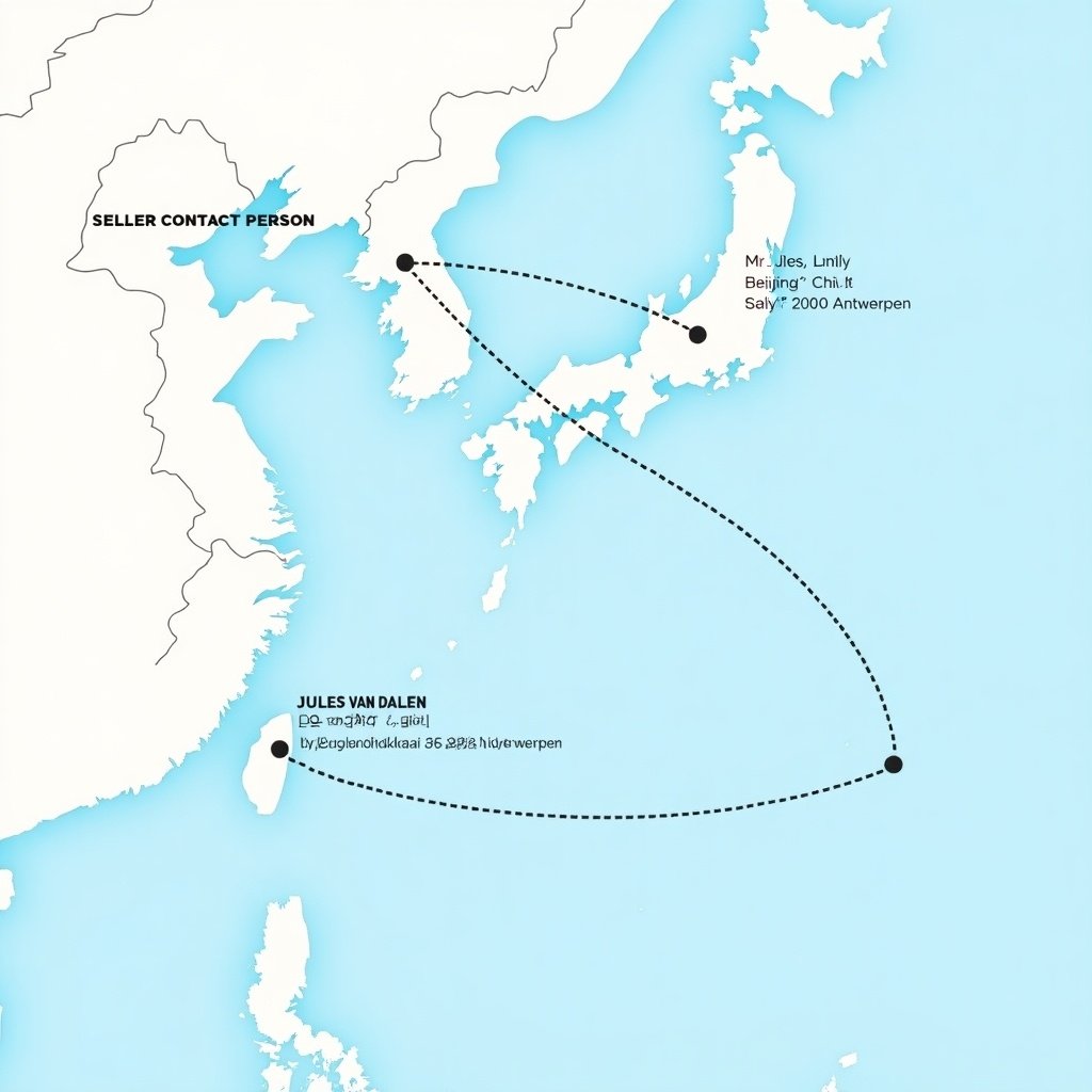 Map showing the sea route from China to Belgium. Two main contact persons listed. Locations marked for seller and buyer. Named places are evident. Directional route indicated. Clear geographical representation.