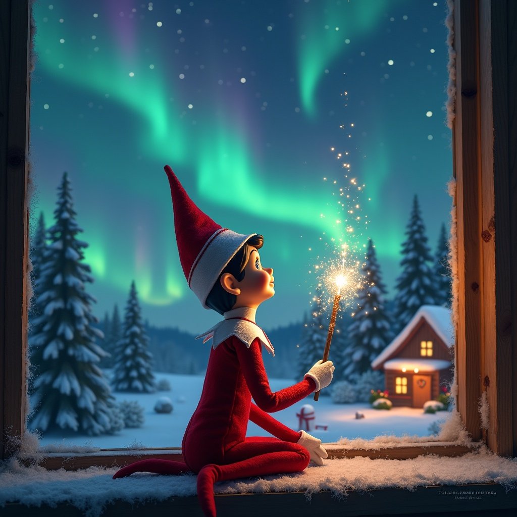 Elf sits near a window gazing at northern lights while holding a glowing wand. Cozy house in the distance. Snow covers the ground. Magical ambiance of Christmas.