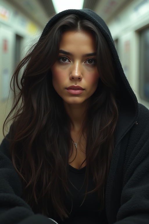Woman in a synthetic fur hoodie with bear ears. Black leather pants. 1.50 m tall. Light Latin skin, round face, large expressive eyes, defined eyebrows. Long dark hair in soft waves. Esbelte athletic figure. Metro station backdrop. Selfie perspective. Hyper-realistic cinematic style.