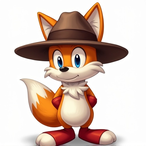 A cartoon fox character named Tails with a large wide-brimmed fedora hat. Character has an orange body and white belly. Eyes are bright blue. No background and no other clothing.