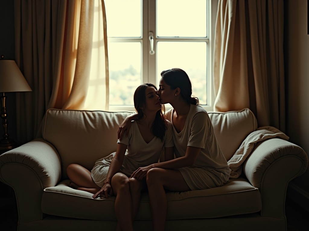 In a warmly lit room, two individuals are sharing a tender moment on a plush sofa. They are positioned in front of a large window, which diffuses the natural light across the room, casting soft shadows. The setting is cozy and intimate, with beige curtains and muted furnishings enhancing the serene atmosphere.