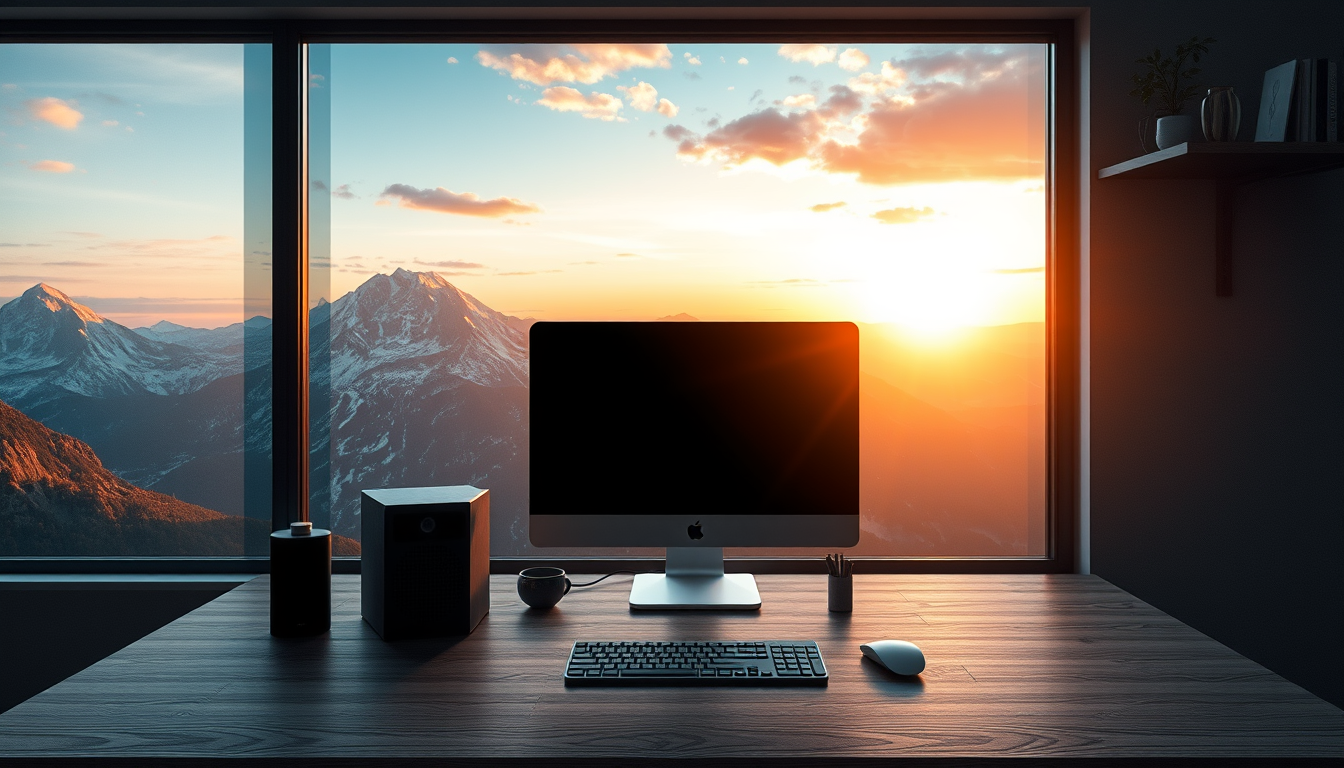 A modern desk setup with a computer and accessories, set against a stunning mountain sunset view.