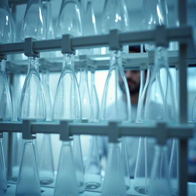 A grid of upside-down glass bottles with a blurred figure in the background.