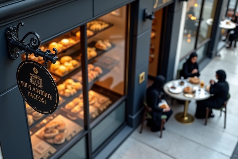 Cinematic overhead view of a luxurious modern bakery storefront. Brand colors deep navy-purple and dark off-white with minimalistic design. Vintage hanging sign with logo. Glass storefront showing artisanal breads and pastries. Outdoor seating with young women in black abayas enjoying food and drinks. Soft natural lighting and cinematic shadows create an artistic mood. Modern upscale feel with no traditional references.