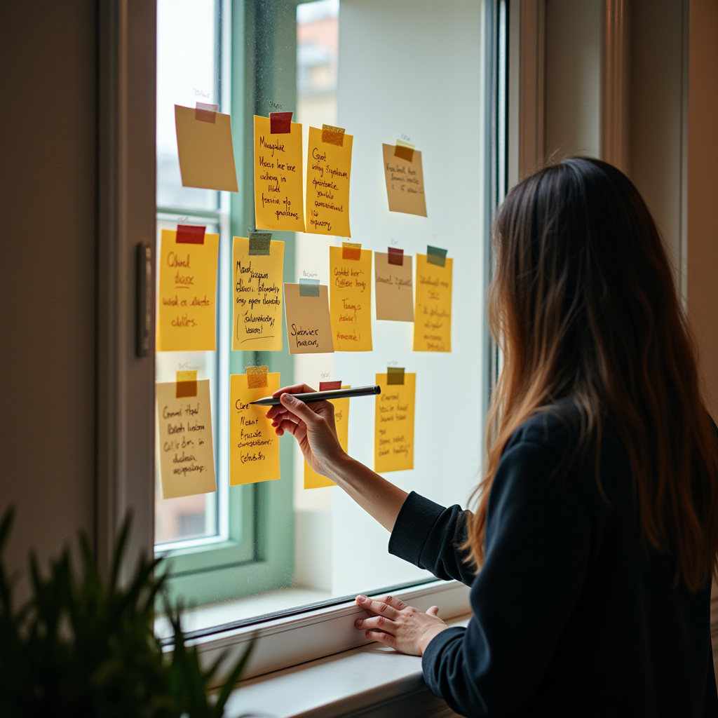 A person is writing on sticky notes placed on a window.