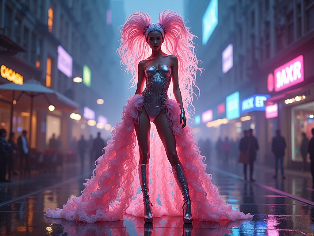 Futuristic avant garde couture. Stylish and luxury fashion in an alternate reality. Character has a stunning pink hairdo and a striking outfit. Urban street scene with neon lights. Evokes a sense of dream and euphoria. Appealing with a mix of glamour and edgy design.