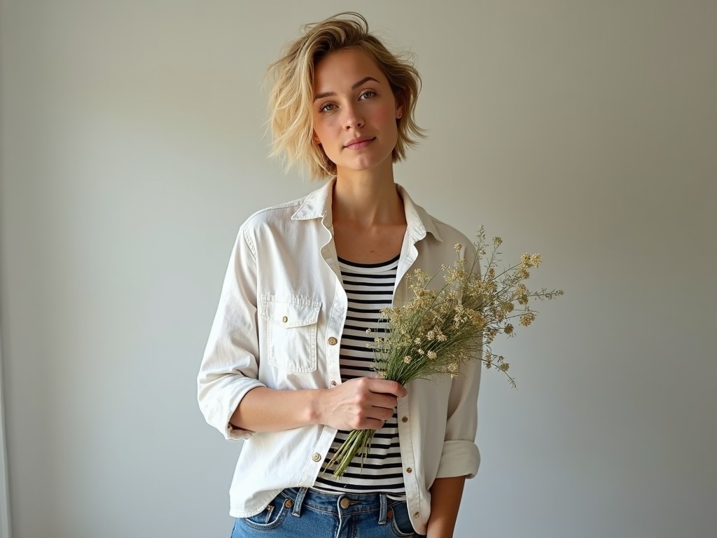 A young woman with short, tousled blonde hair exudes a carefree vibe. She stands casually, holding a small bouquet of wildflowers. Dressed in a slightly unbuttoned white shirt over a striped shirt and blue jeans, she captures a relaxed fashion. Her green eyes complement the wildflowers she holds. This image invokes feelings of tranquility and connection to nature.