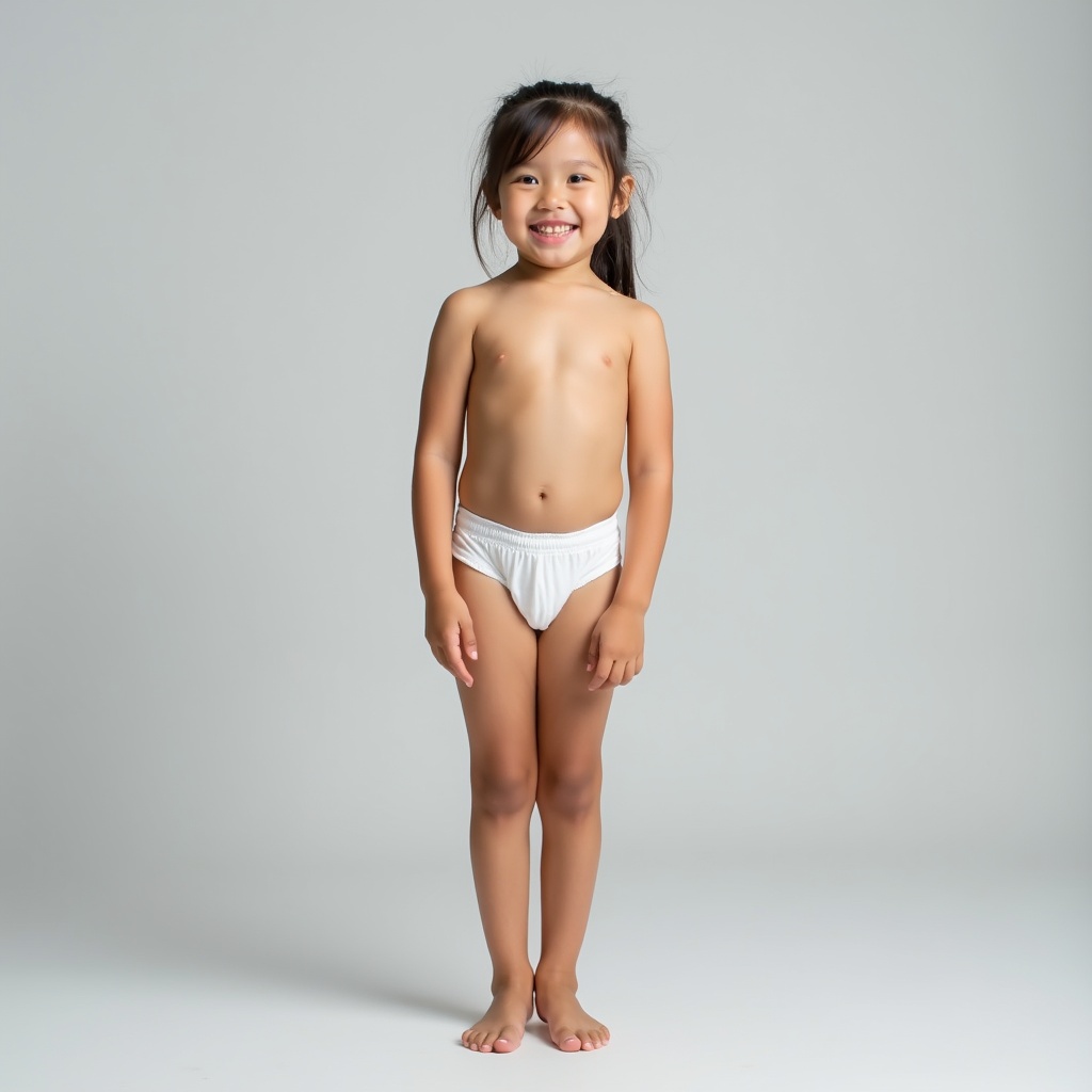 Young girl stands upright against light gray background. She wears white underwear with a natural smile. The lighting is soft and even creating a calm atmosphere. The pose is confident and relaxed, showcasing playfulness and innocence. The style is minimalistic.