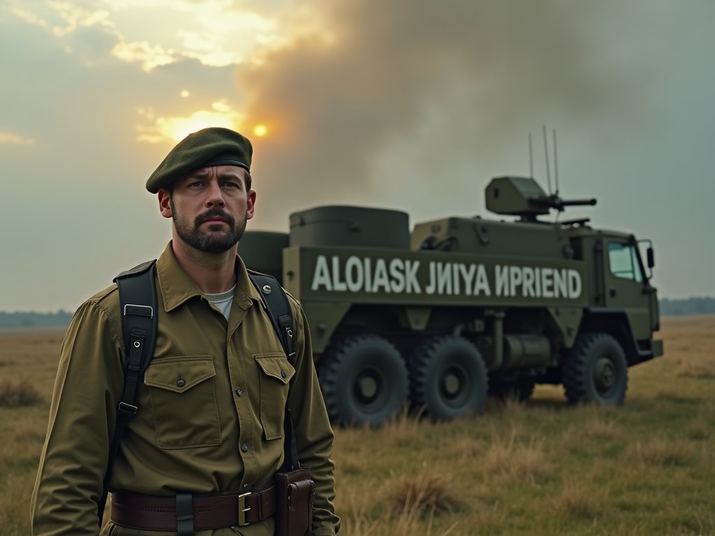 A man stands on grassy terrain, exuding a strong presence in military attire, complete with a distinctive beret. Behind him, a large military vehicle looms in the background, its surface decorated with partially visible text. The scene is enveloped in smoky atmosphere, invoking a sense of tension reminiscent of wartime action. The sky is heavily overcast, but a fiery light bursts through, illuminating the landscape and the soldier's expression. The overall mood is intense and dramatic, bringing to mind themes of courage and resilience within a military context.