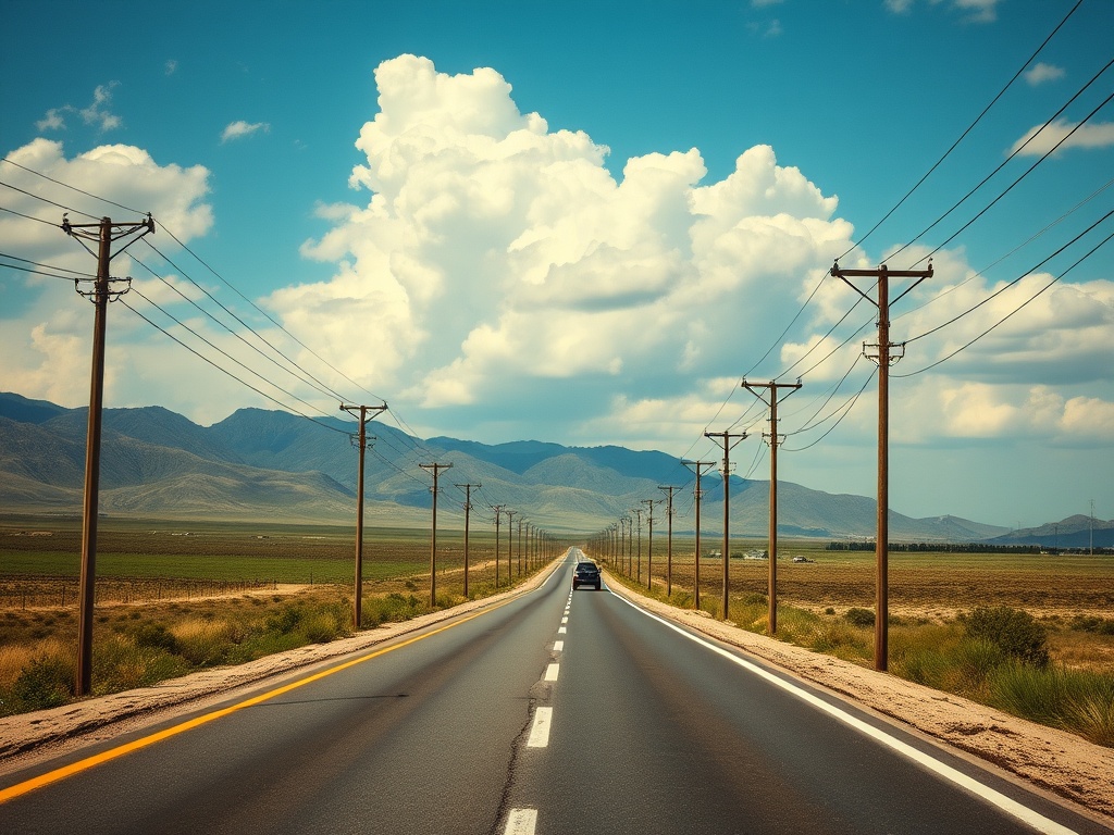 A straight road flanked by utility poles stretches towards distant mountains under a cloudy blue sky.