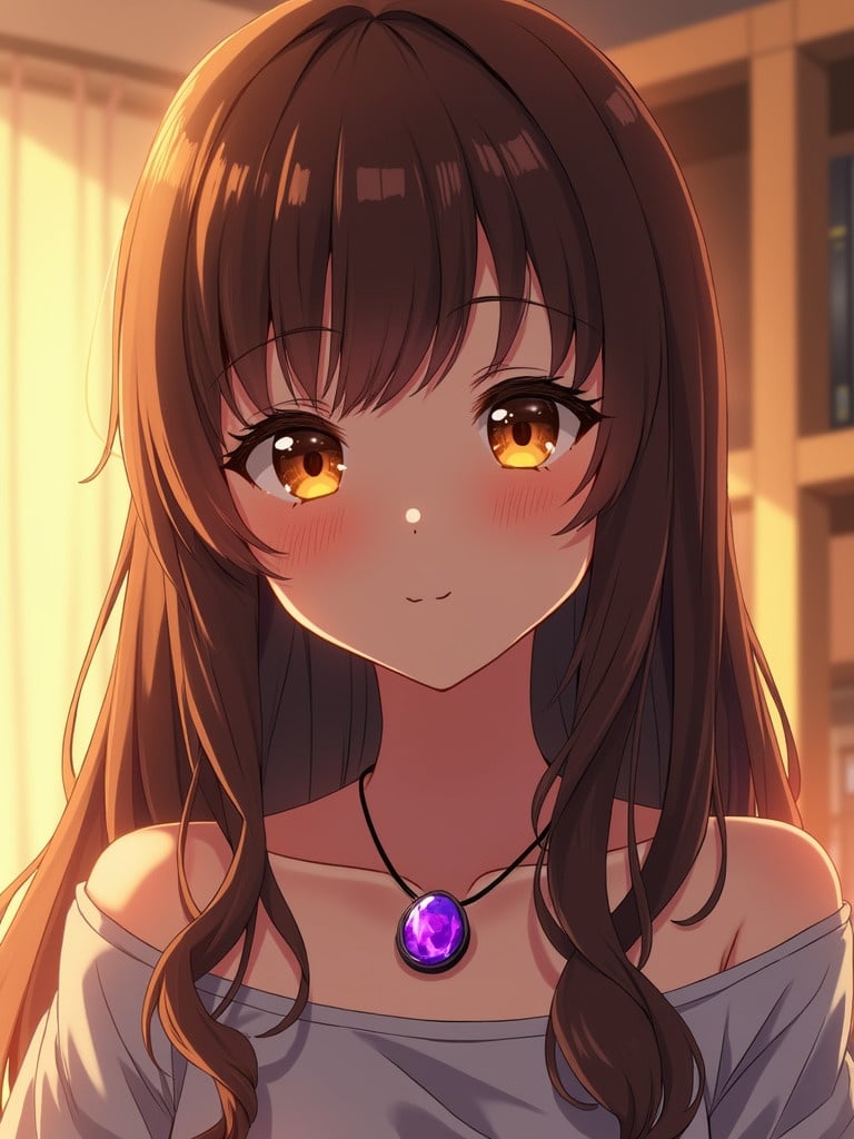 Anime illustration depicting a girl with long brown hair and orange eyes. She wears a purple gemstone necklace. The image features warm lighting and highlights her facial expression. The background has a cozy interior atmosphere.