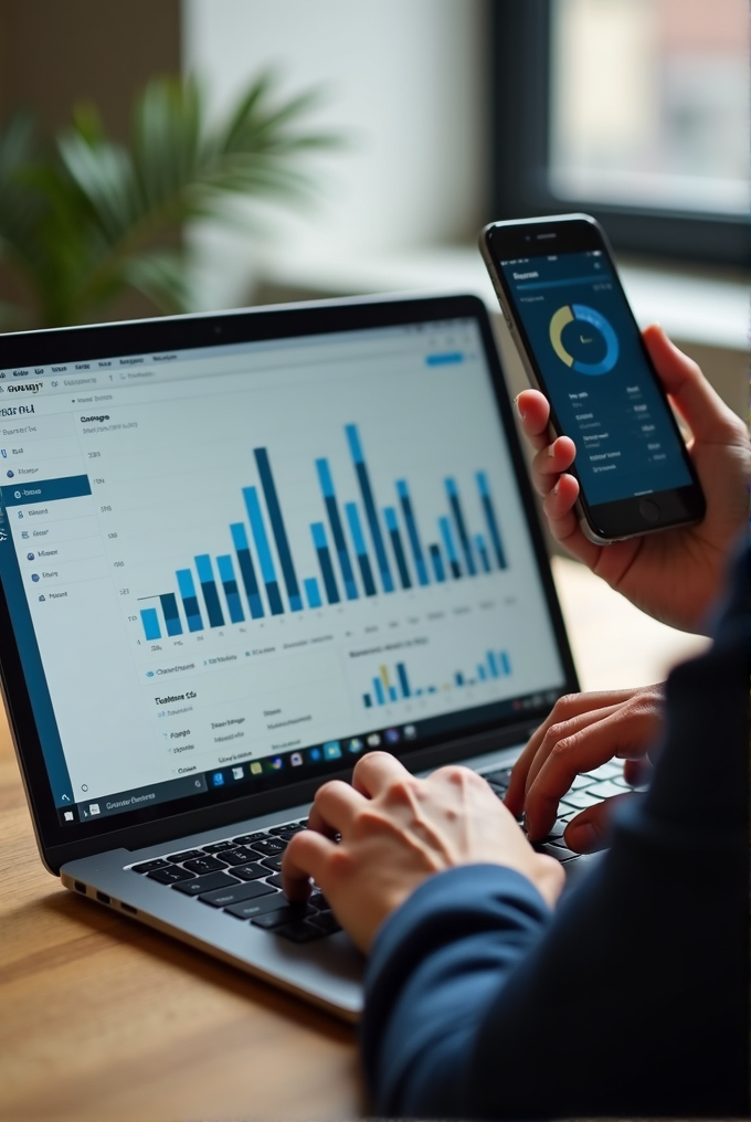 A person works on a laptop displaying bar graphs and holds a smartphone showing a pie chart.