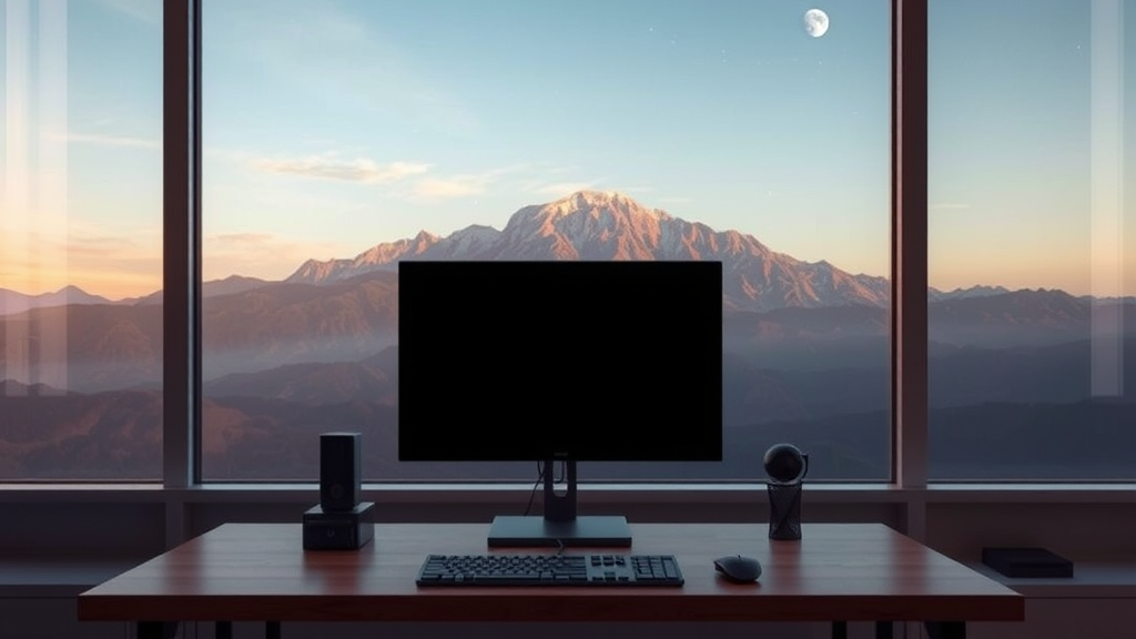 A computer setup on a desk with a breathtaking mountain view from large windows.