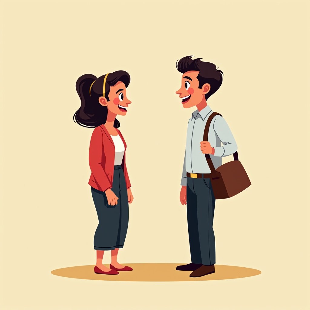 Cartoon illustration of two people conversing. One is wearing a red blazer and the other is in a shirt with a messenger bag. They are standing casually. Simple background.