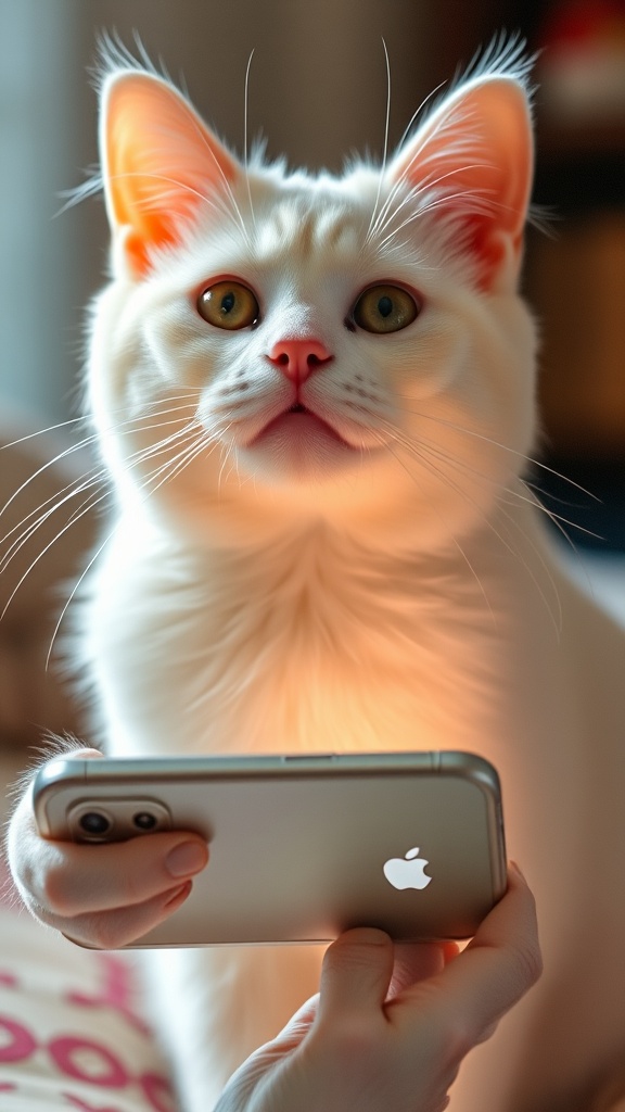 A curious white cat captivated by a smartphone's screen glow.