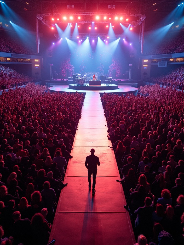 Roddy Rich performs on stage at Madison Square Garden. T stage runway is visible from a drone perspective. Large crowd fills the venue.