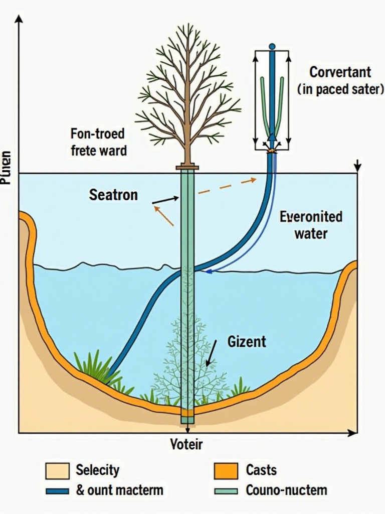 A chart for understanding groundwater evolution represented in a semi-arid basin. Shows various components like tree, water flow, and groundwater layers. Identifies processes involved in groundwater dynamics. Includes labels for clarification.