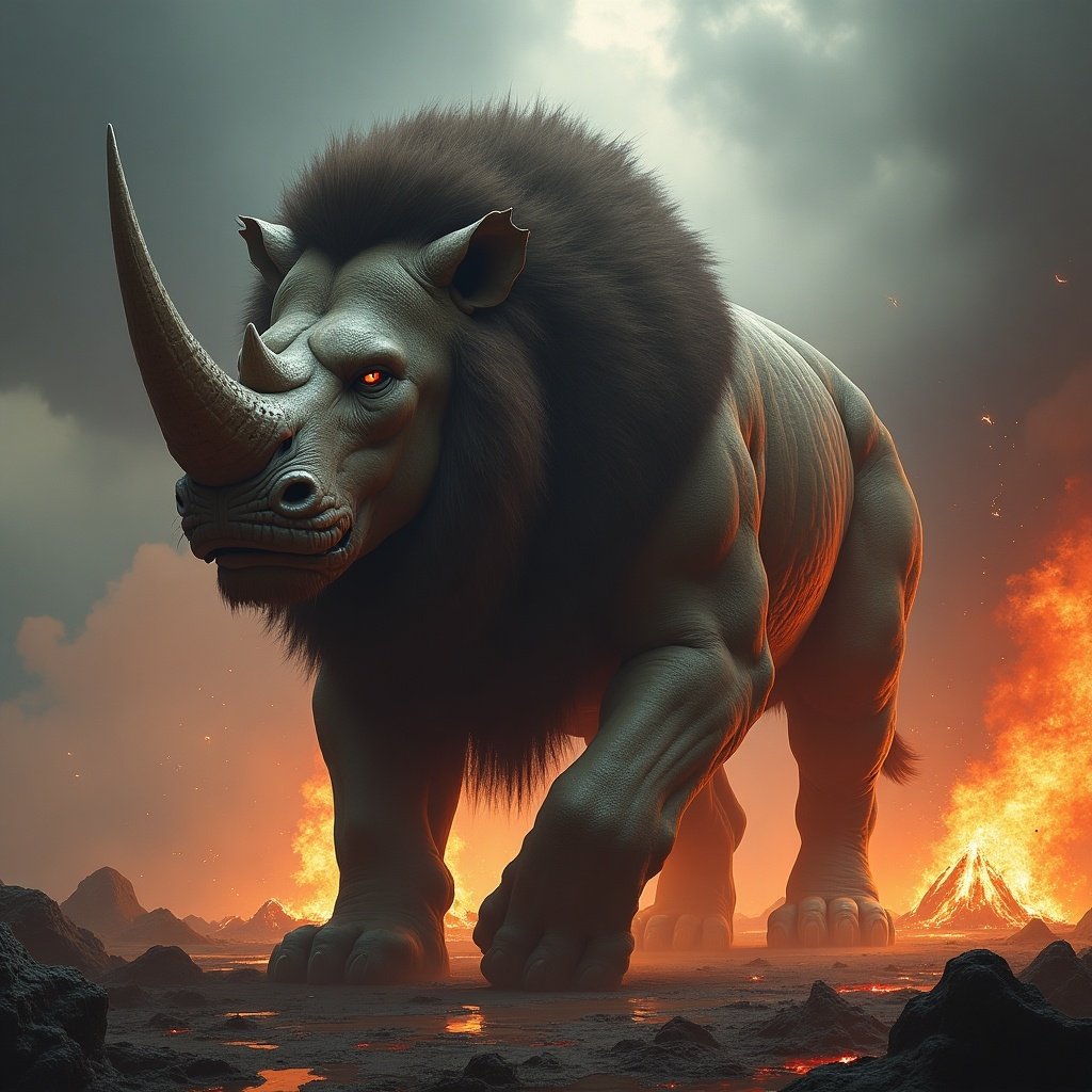 A hybrid creature of lion and rhino. The creature is massive with muscular build. It has thick armored skin and powerful horn. Its face has fierce lion-like eyes and a sharp rhino horn. Background shows an apocalyptic wasteland with volcanic eruptions, dark skies, and lava streams. The atmosphere is intense and menacing.