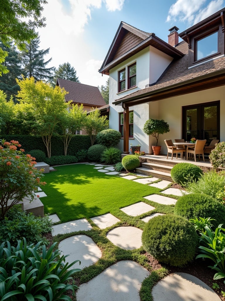 A modern home with a well-maintained garden. The garden features manicured lawn, stepping stones, and various plants. The house is a blend of traditional and modern styles with a patio area.