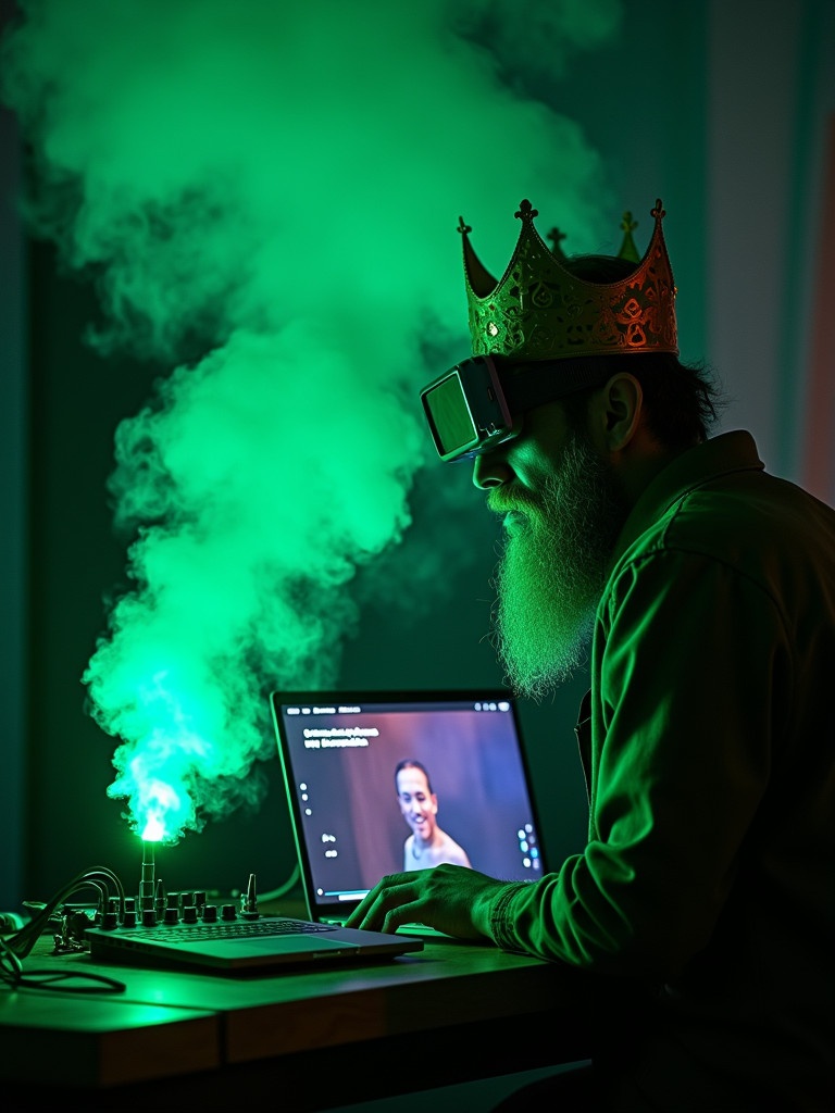 A person wearing a crown works on a laptop. Green smoke emits from a flare. Music plays on the screen. Ambient light illuminates the scene. Composing in a creative space.