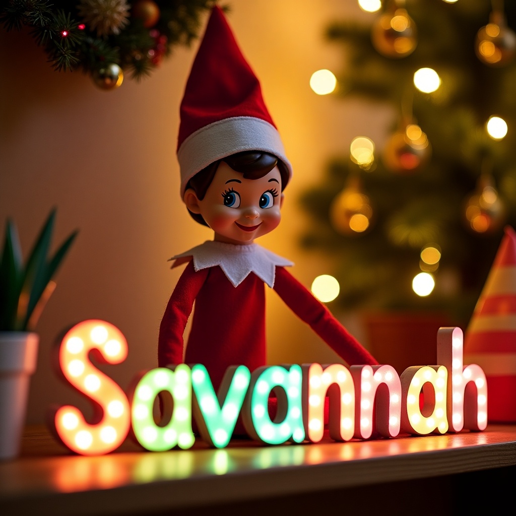 A cheerful elf is in a vibrant Christmas scene wearing a red and white outfit. The elf joyfully writes the name 'Savannah' in colorful illuminated letters. Surrounding are festive decorations, including a decorated tree and twinkling lights. The background has a warm, inviting atmosphere that evokes holiday cheer. This enchanting scene captures the essence of Christmas magic, perfect for family celebrations.