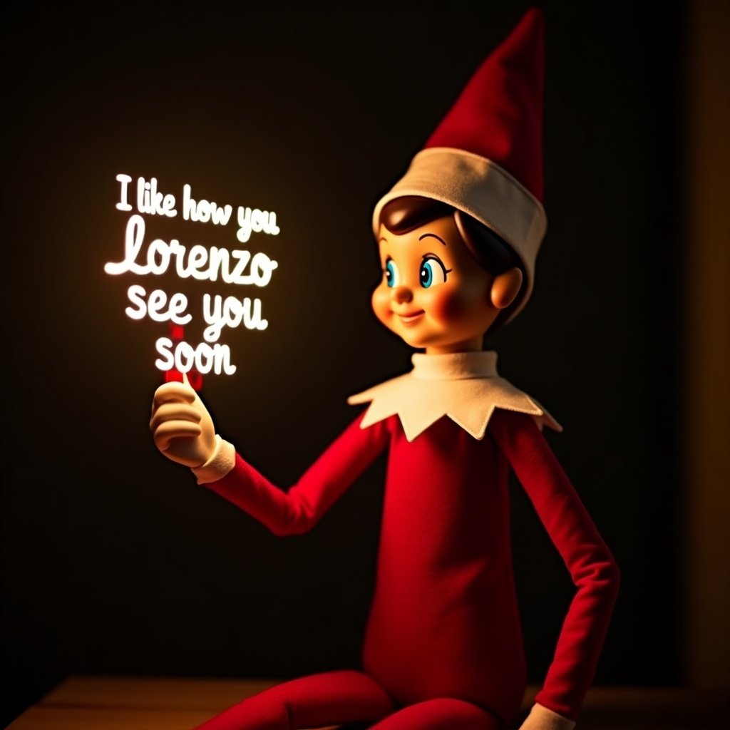 Elf on the Shelf character in red and white attire. Holding a glowing stick that forms festive text. Dark background enhances glow. Scene embodies holiday joy and magic.