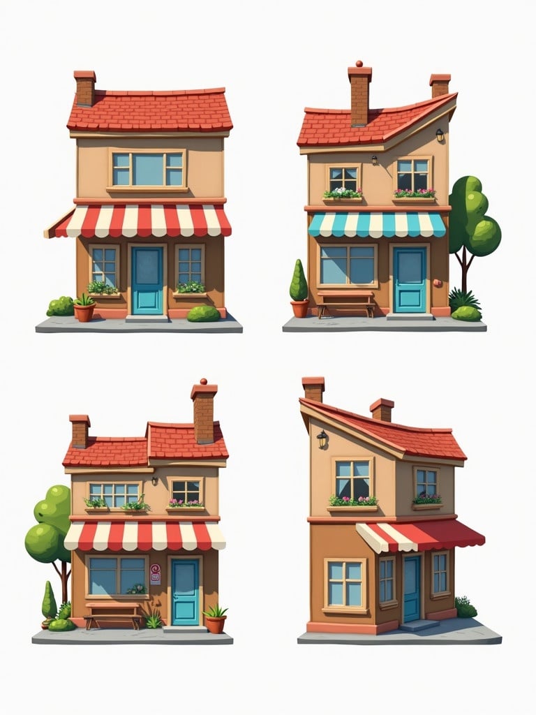 Illustration showcases a store from four distinct angles. Each view presents exterior details. The front view highlights entrance and awning. The back view illustrates access points. The right side reveals architectural design. The left side emphasizes key features and landscaping.