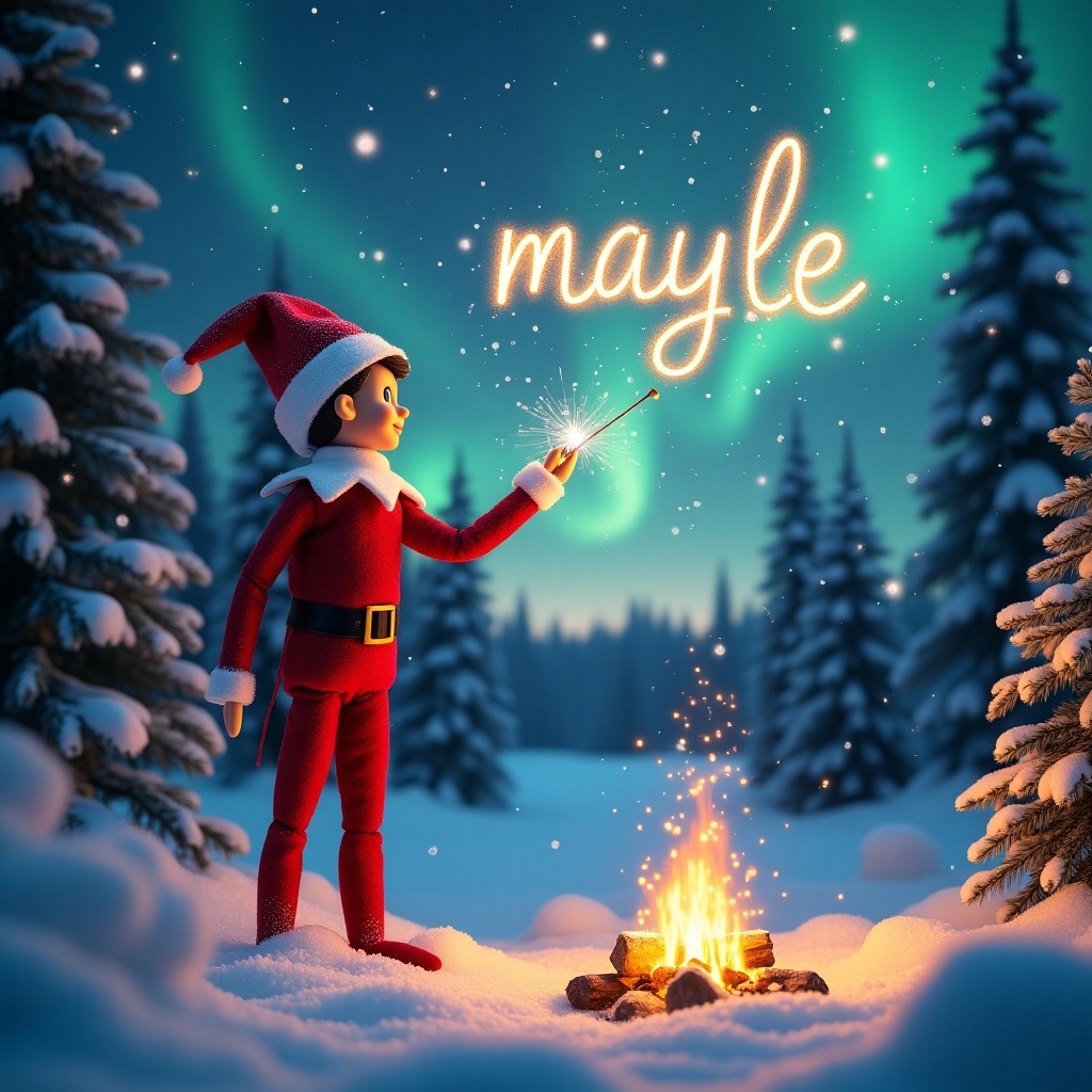 A traditional red elf on the shelf stands majestically in a snowy forest, its magic wand twinkling as it writes 'maybe' in glittering letters across the night sky. The air is filled with delicate, sparkling snowflakes that dance and swirl around the elf. In the distance, the horizon glows with the breathtaking beauty of the northern lights, shimmering in deep pink, purple, and turquoise hues. A small campfire crackles and spits nearby, casting a warm, golden glow over the snow-covered trees. In the background, a majestic Christmas tree stands tall, its branches heavy with snow and its lights twinkling like stars.