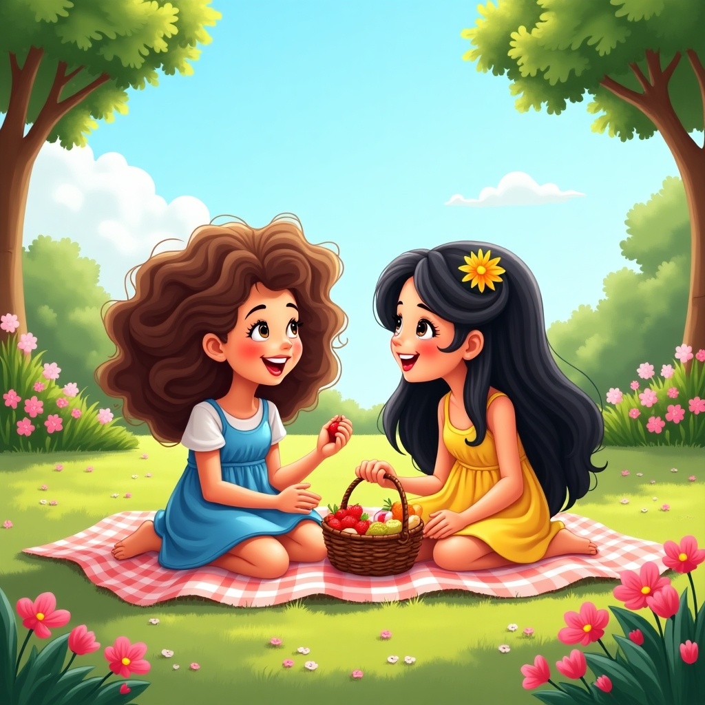 The image depicts two young girls enjoying a sunny day in a lush park. They are sitting on a checkered picnic blanket, sharing a basket full of fresh strawberries. The girl on the left has curly hair and is wearing a blue dress, while the girl on the right has long black hair and is in a yellow dress. They are both smiling and looking at each other joyfully. Surrounding them are colorful flowers and green trees, adding to the cheerful atmosphere. This scene captures the essence of friendship and summer fun.