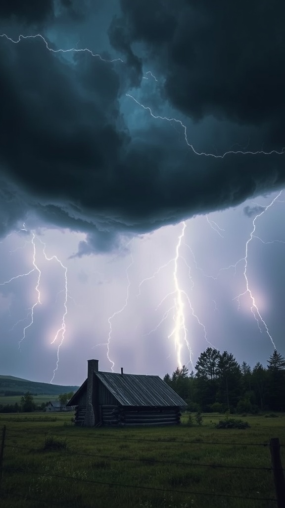 A cabin stands solitary beneath a dramatic stormy sky, illuminated by intense lightning strikes.