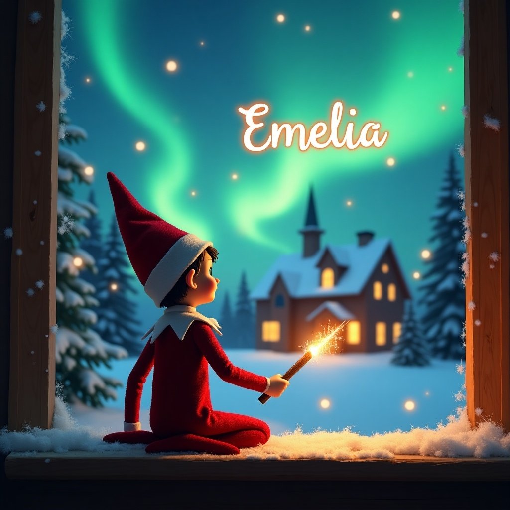 Elf on the shelf sits with back to viewer while holding glowing wand. Christmas scene shows colorful northern lights. Cozy house in the distance. Snow on ground. Name 'Emelia' written in air with the wand.