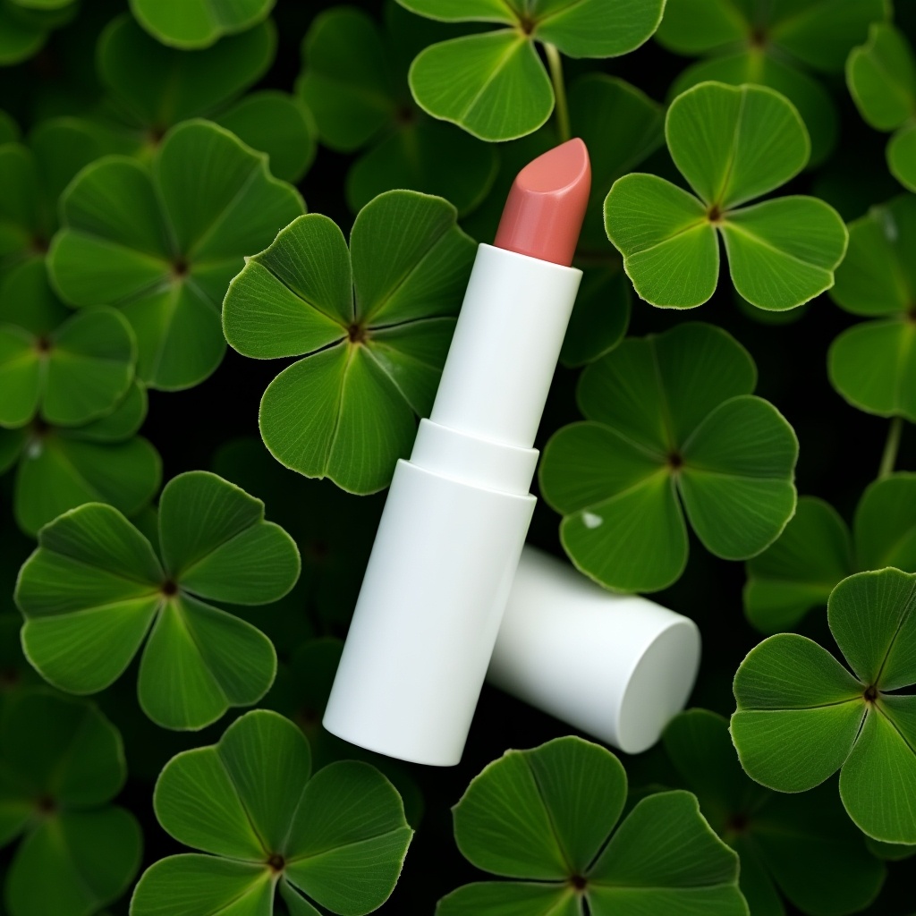 A minimalist white lipstick tube rests upright on lush green clover leaves. A squeeze tube is nearby, blending beauty with nature.