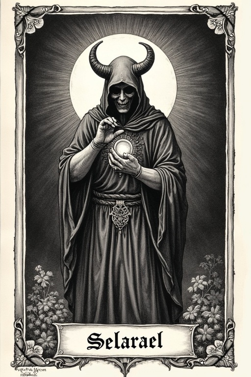 Mysterious pen and ink drawing depicting Selarael, a demon associated with seduction and secret knowledge, featuring an archaic talisman, Gothic text labeling the figure, and symbolic elements indicating occult themes.