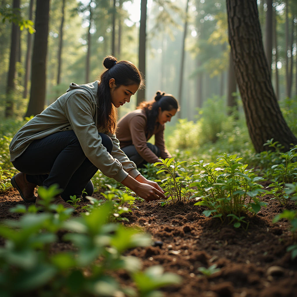 Two young women plant seedlings in a lush, sunlit forest.