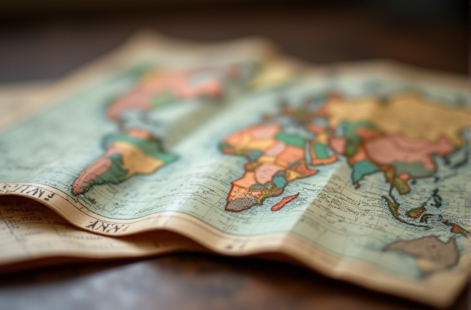 A close-up of a folded vintage world map showing continents and countries in muted colors.