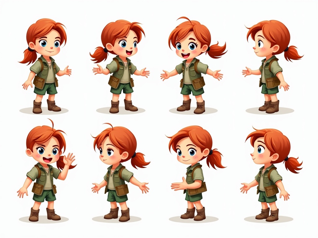 This image showcases multiple poses of a cute, animated character dressed as an explorer. The character has red hair in pigtails and is wearing green safari clothes with boots. Their expressions range from excited and happy to contemplative. Each pose is designed to emphasize different aspects of the character's adventurous personality.