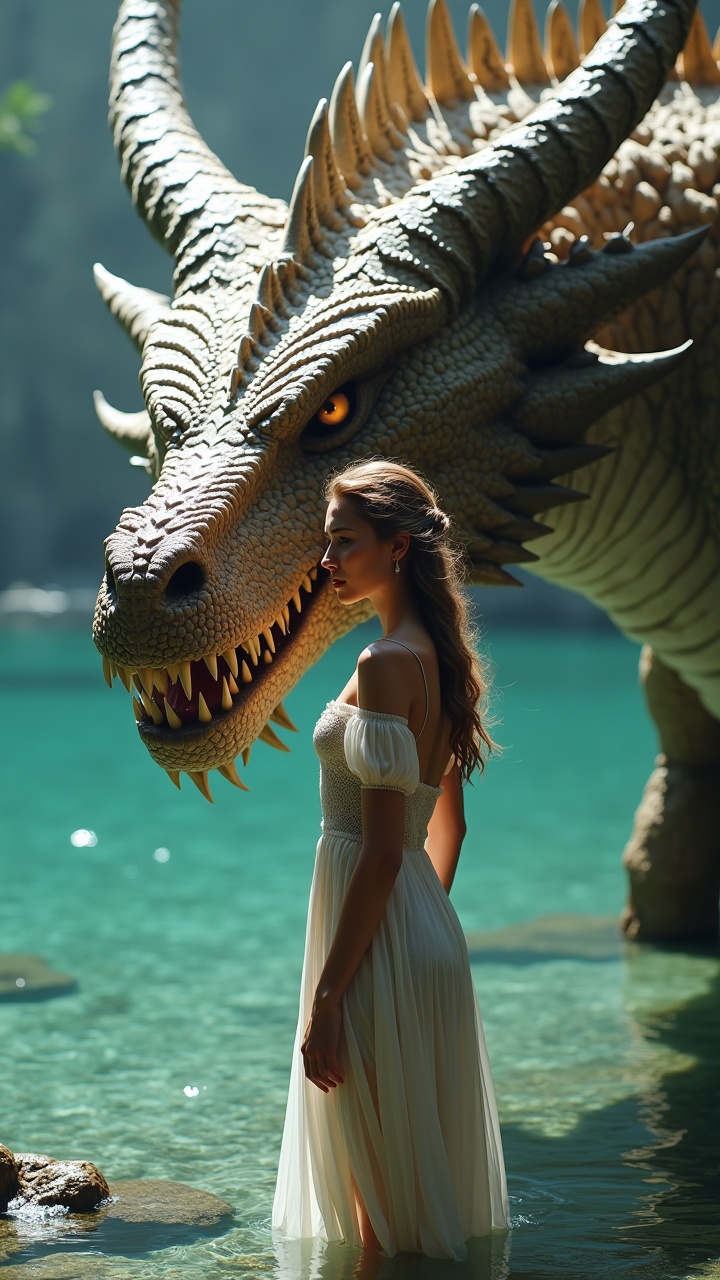 In a stunning fantasy scene, a gorgeous woman stands gracefully in a calm, turquoise body of water. Beside her, a massive dragon looms, its highly detailed scales glistening in the soft light. The dragon, with piercing golden eyes and majestic horns, creates an awe-inspiring setting. The woman is dressed in a flowing white gown, contrasting beautifully with the vibrant colors of the water and the dragon's earthy tones. The overall atmosphere is magical and enchanting, inviting viewers into a world of wonder and storyline.