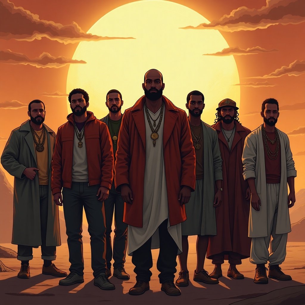 A gang named Sacred stands together in front of a large sun. The gang members wear various outfits featuring long coats. They embody a powerful presence with their posture and accessories. The scene conveys unity and strength against a vibrant sunset.