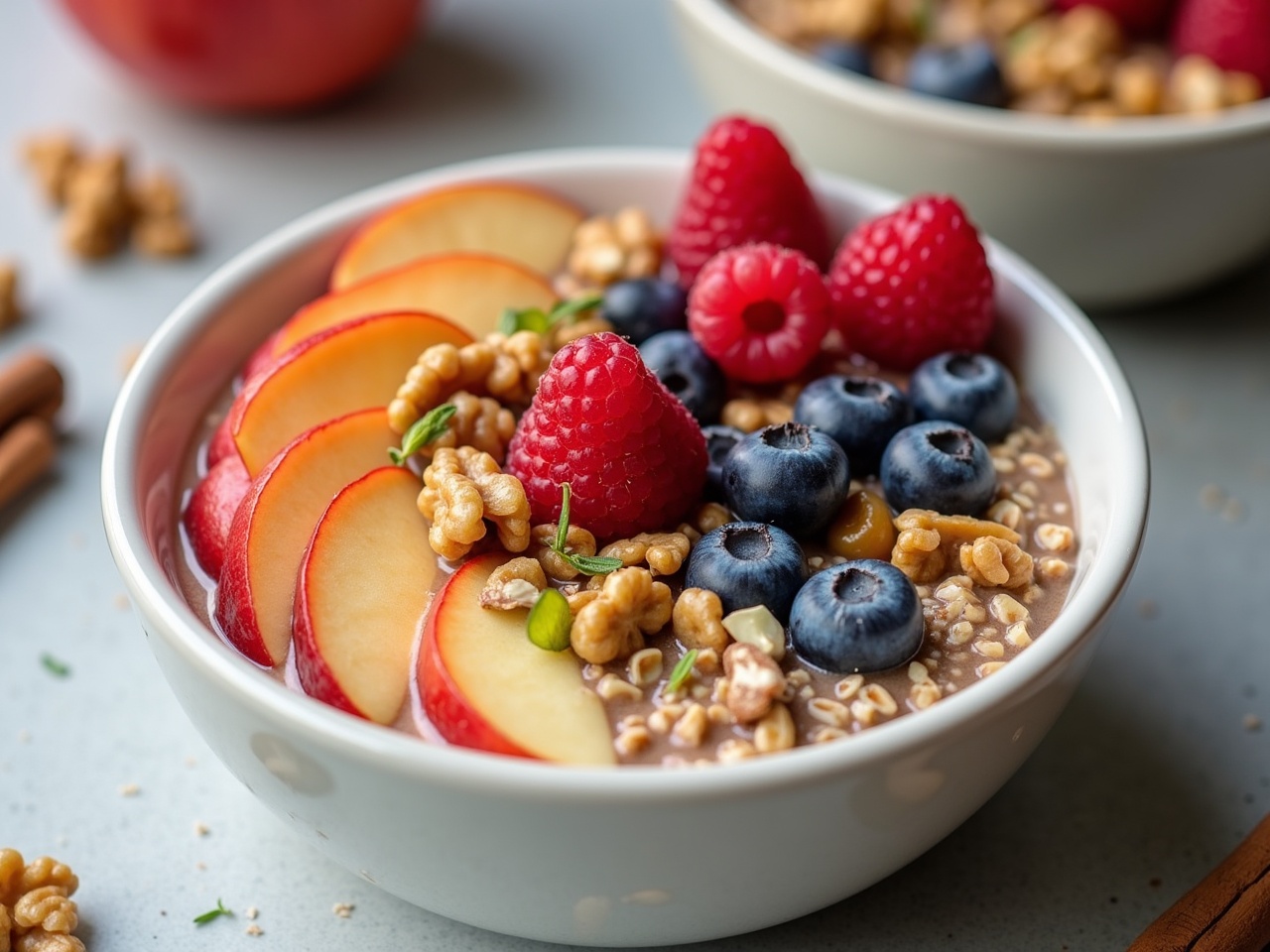 The image showcases a delicious and nutritious bowl of overnight oats. It features layers of creamy oats topped with fresh apple slices, vibrant raspberries, and blueberries. Crunchy walnuts and pistachios add texture and flavor. The bowl is beautifully arranged, appealing to healthy eating enthusiasts. The soft lighting highlights the freshness of the ingredients, making it a perfect representation of a wholesome breakfast option.