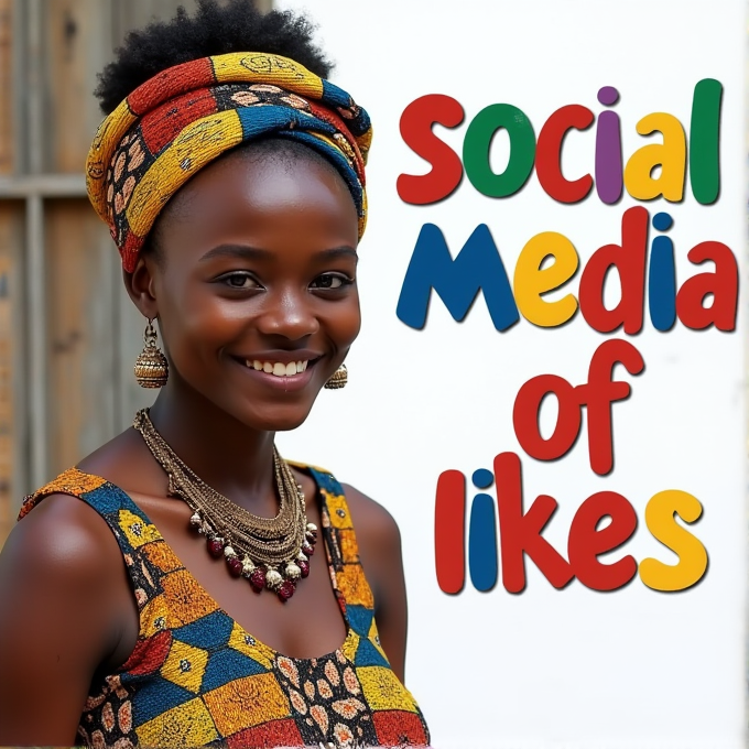 A woman in colorful traditional attire smiles warmly, with the phrase 'Social Media of Likes' in bold, playful colors beside her.