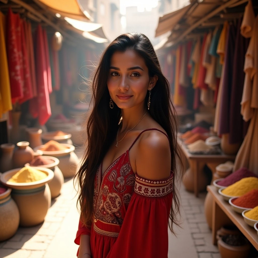 A woman wearing a red dress stands in a vibrant market surrounded by colorful textiles. The scene captures the essence of a traditional market with earthy tones and warm lighting.