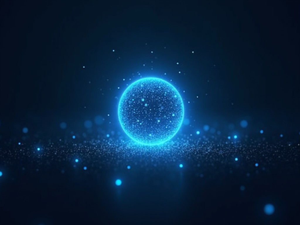 The image features a glowing blue sphere surrounded by smaller particles. This digital artwork embodies themes of technology and science. The softly glowing sphere stands out against a dark background, enhancing its visibility. Its design suggests connectivity and innovation, evoking modern concepts. The abstract nature of the visual elements makes this artwork versatile for different digital projects.