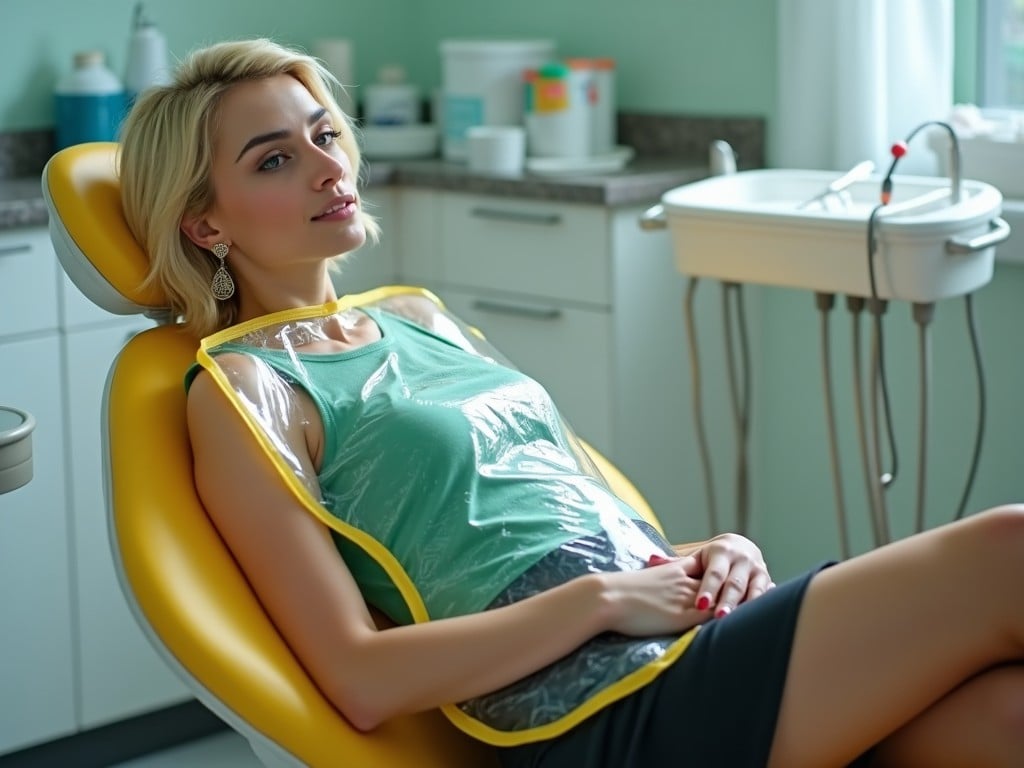 A woman is sitting in a dental clinic in a dentist chair. She has short blond hair and wears stylish earrings. Her outfit includes a green tank top and a shiny black skirt. A large clear PVC mealtime bib with yellow edges covers her. The bib extends down to her knees, providing coverage as she relaxes in the chair. The clinic background features various dental tools and casual decor. Natural light filters into the room, creating a welcoming atmosphere.