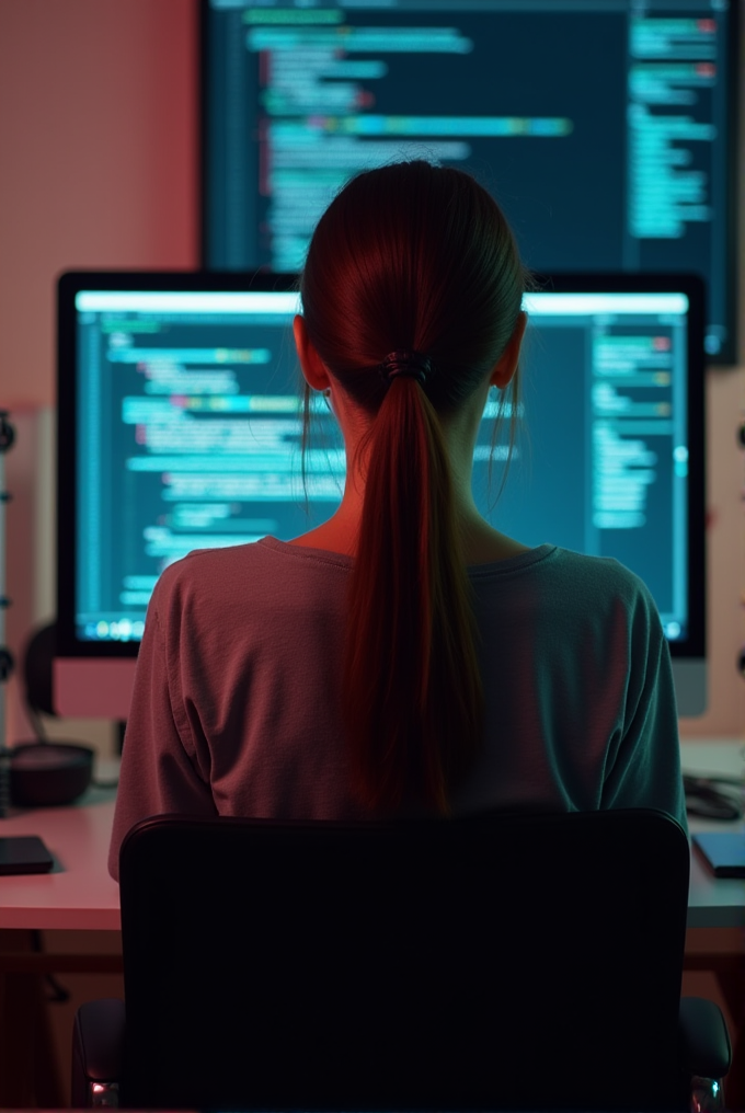 A person with long hair in a ponytail sits in front of multiple computer monitors displaying lines of code.