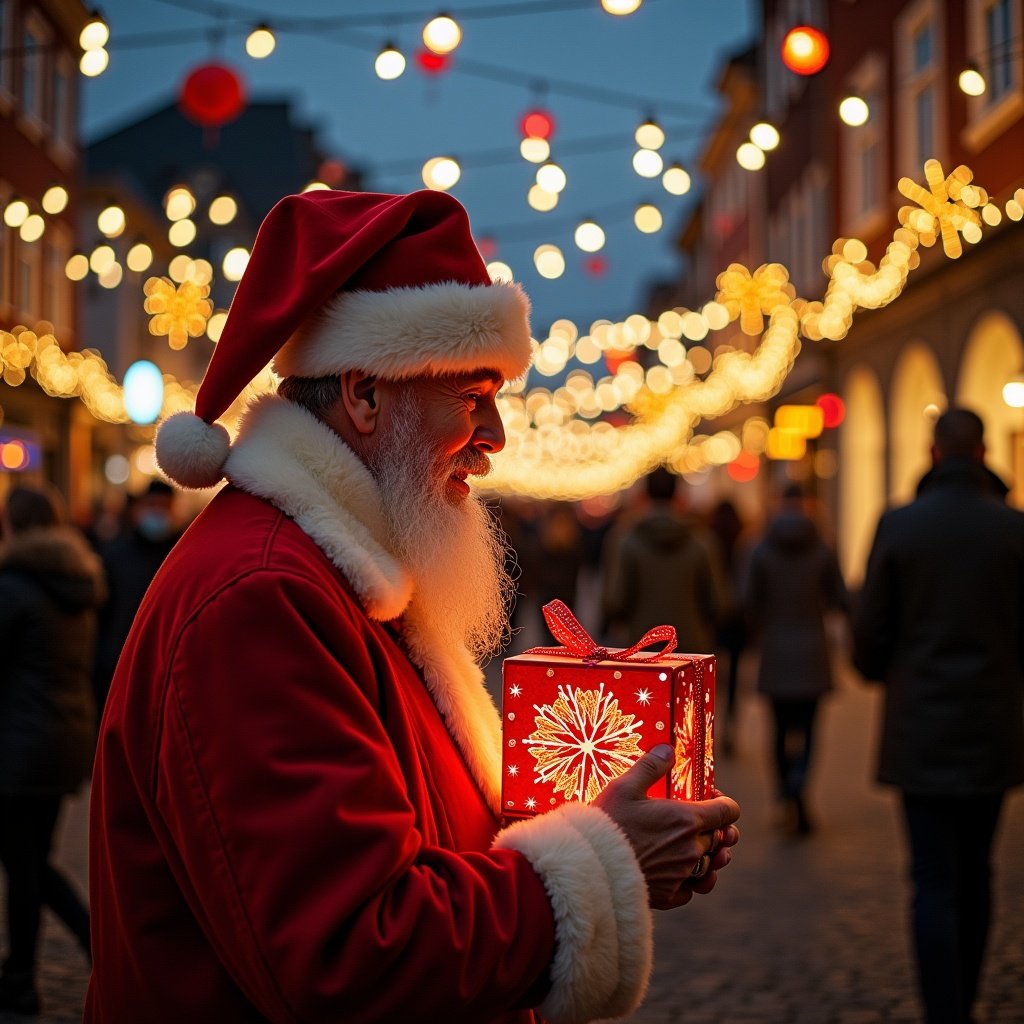 Joyful Christmas celebration with festive street lights and a person holding a decorated gift. The setting is lively with holiday decorations and people enjoying the atmosphere.