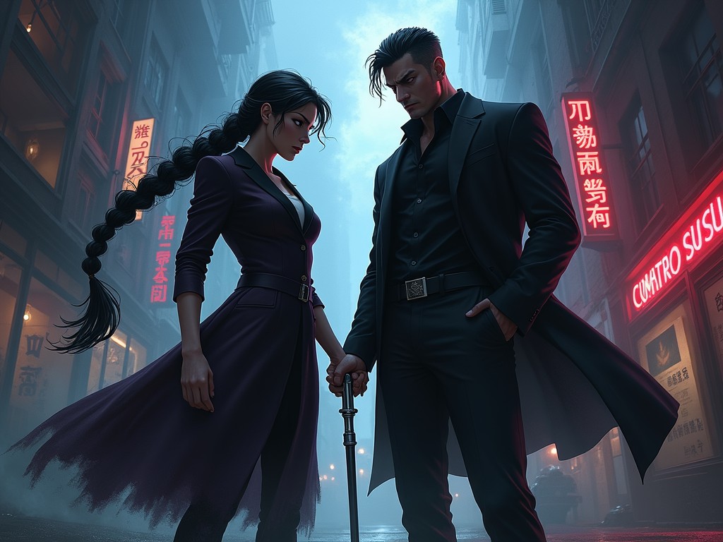 This digital illustration depicts two enigmatic figures standing in a misty urban alleyway, illuminated by glowing neon signs. The woman, with a long braided ponytail, stands assertively opposite the man, both exuding a sense of mystery and strength. The atmosphere is tense and intriguing, suggesting a narrative of conflict or partnership.