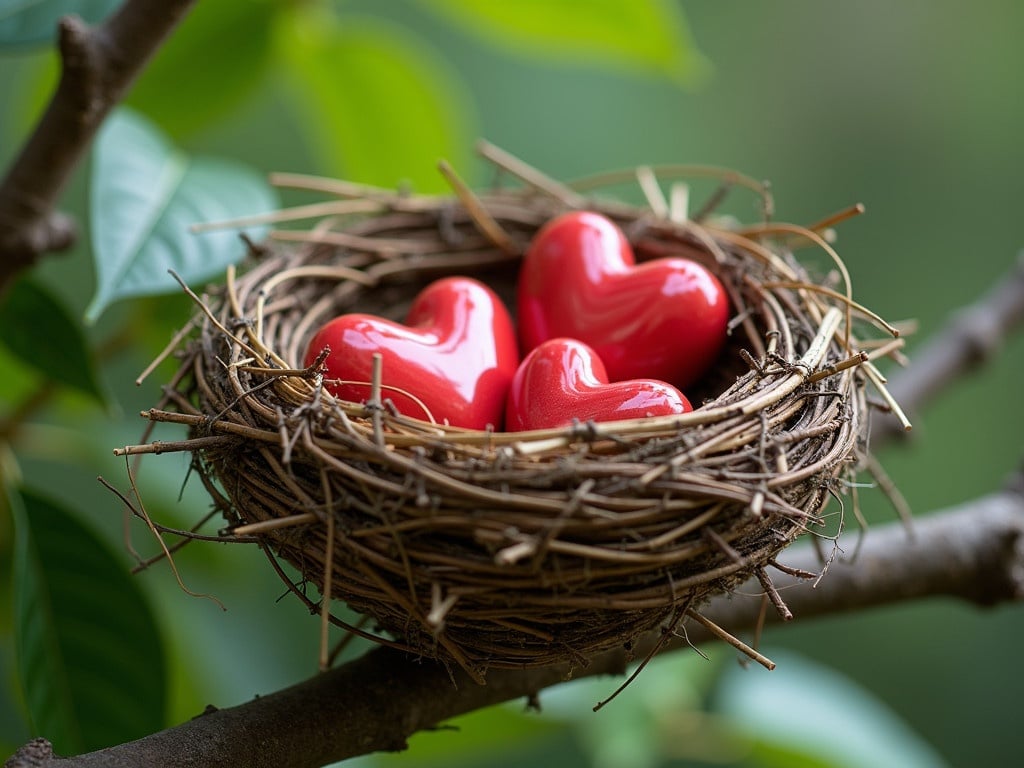 Photo of a bird's nest made from twigs and straws on a tree branch. Inside the nest are glossy ceramic hearts. Background is blurred with green leaves. This visual represents love and care in nature.