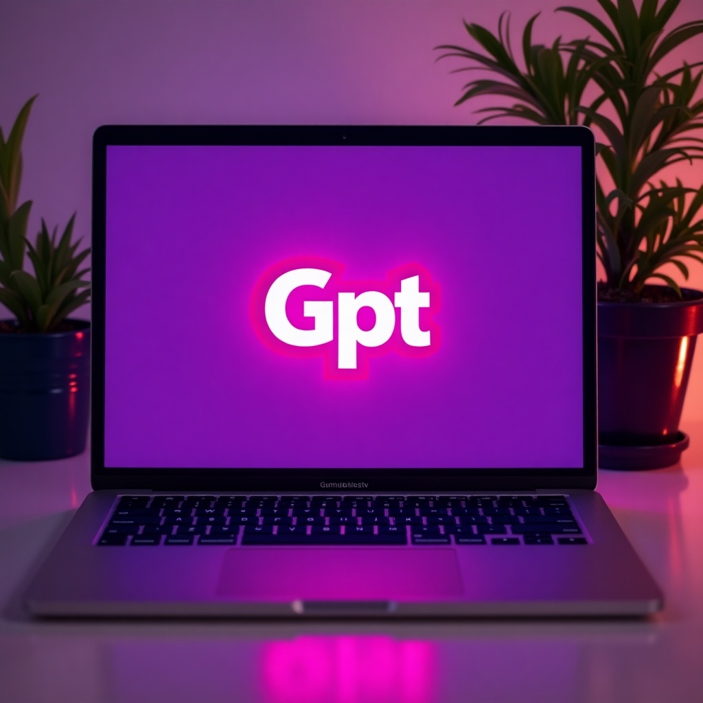 A laptop shows the text 'Gpt' in vibrant pink on a purple background. Potted plants are placed near the laptop.