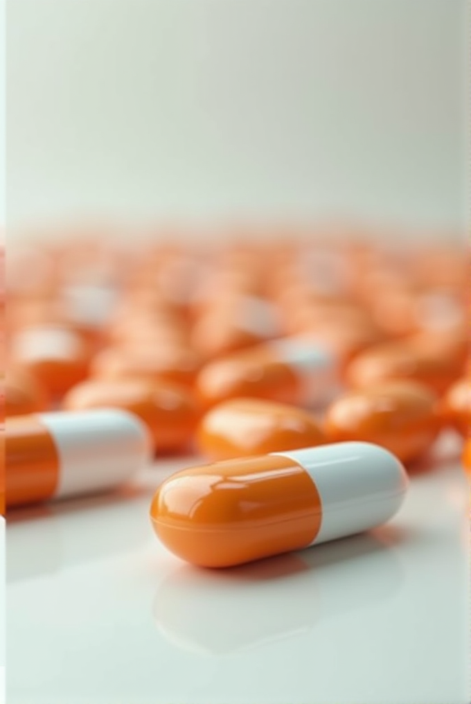 Close-up of orange and white capsules scattered on a reflective surface, creating a blurred background effect.